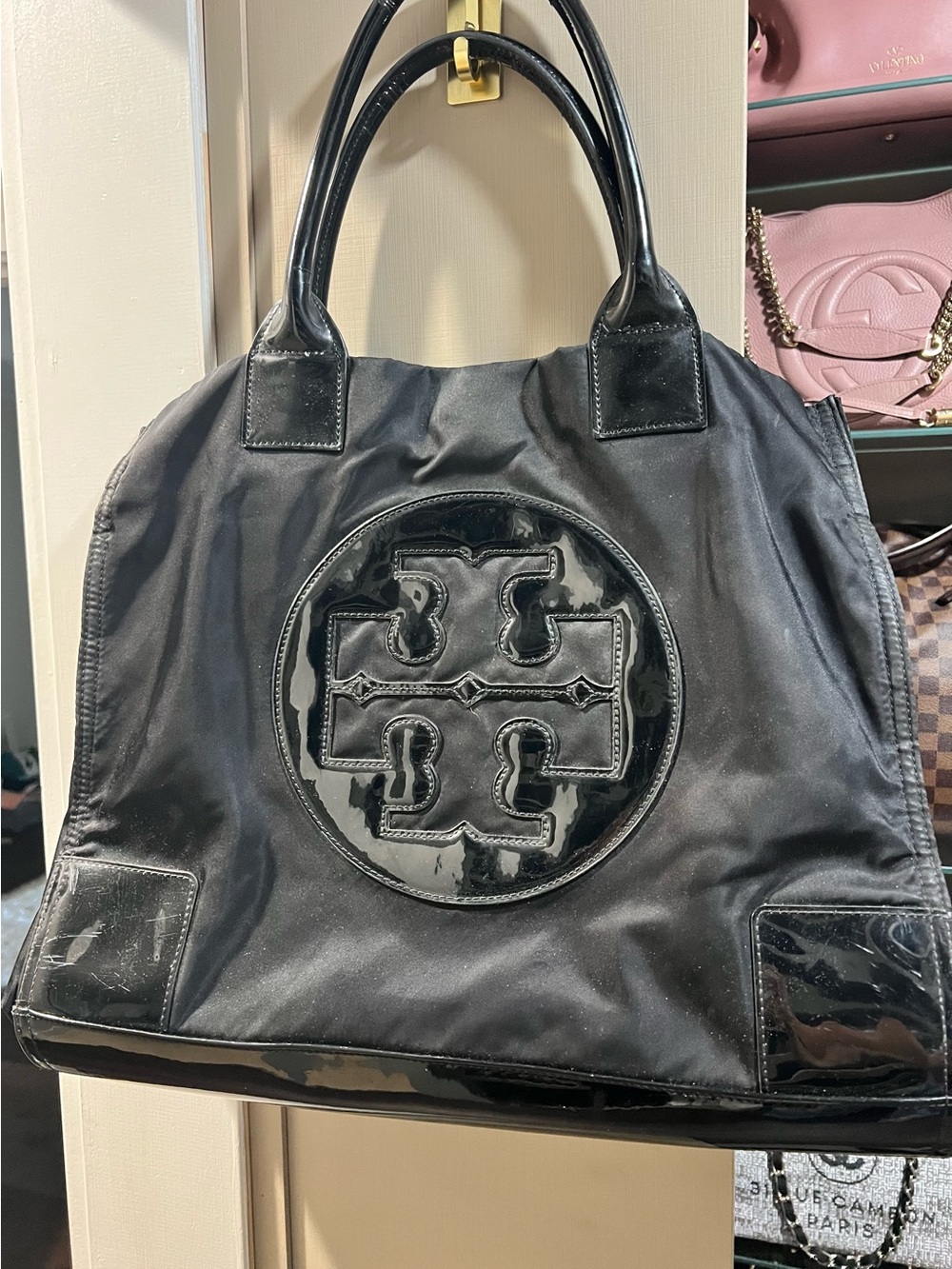 Tory Burch Black Nylon Tote with Patent Logo